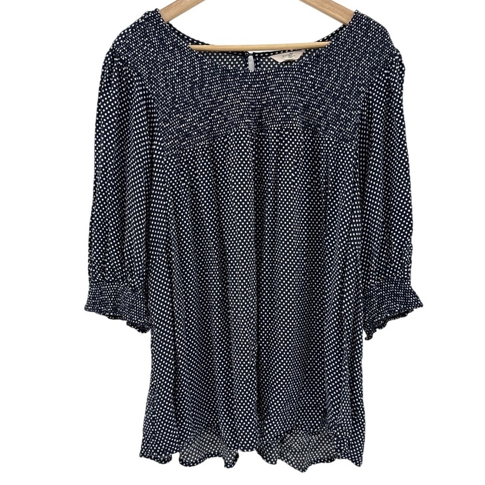 Terra & Sky Navy Blue Polka Dot Smocked Blouse 3/4 Sleeve Plus Size 4X 28W-30W